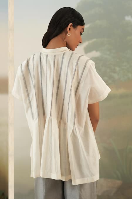 Shop Febo6 White Chanderi Plain Spread Collar Top And Pant Set at Aza Fashions Shop_Febo6_White Chanderi Plain Spread Collar Top And Pant Set _at_Aza_Fashions