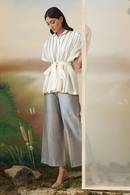 Febo6 White Chanderi Plain Spread Collar Top And Pant Set Online at Aza Fashions Febo6_White Chanderi Plain Spread Collar Top And Pant Set _Online_at_Aza_Fashions