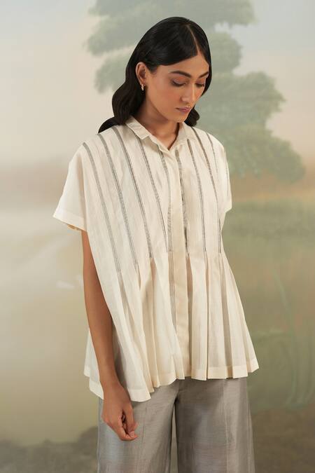 Buy Febo6 White Chanderi Plain Spread Collar Top And Pant Set Online at Aza Fashions Buy_Febo6_White Chanderi Plain Spread Collar Top And Pant Set _Online_at_Aza_Fashions