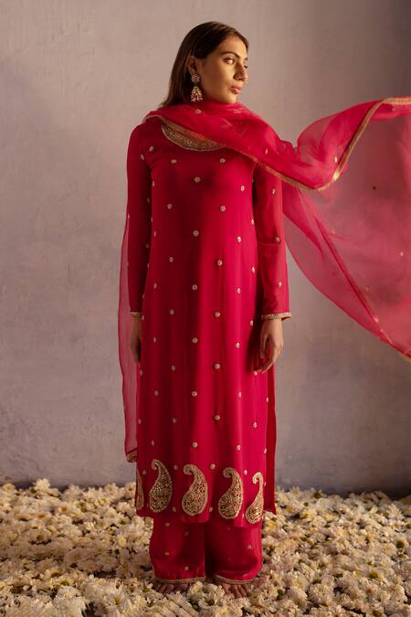 Apeksha Jain Label Red Georgette Embroidered Gota Work Round Floral Kurta Set