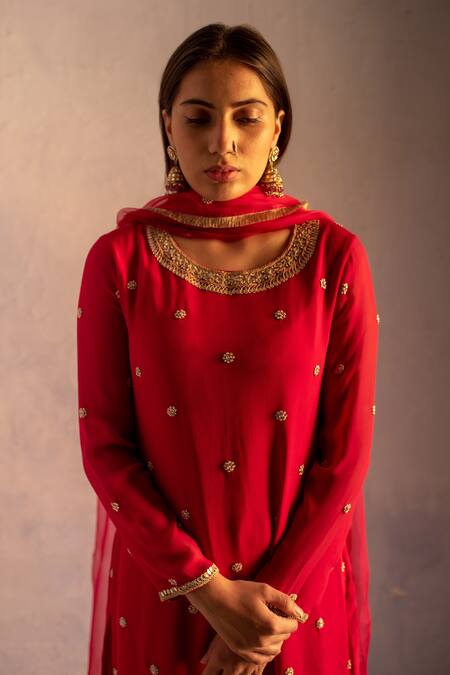 Buy Apeksha Jain Label Red Georgette Embroidered Gota Work Round Floral Kurta Set Online at Aza Fashions Buy_Apeksha Jain Label_Red Georgette Embroidered Gota Work Round Floral Kurta Set _Online_at_Aza_Fashions