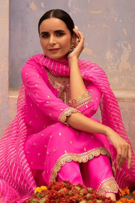 Buy_Apeksha Jain Label_Pink , Georgette, Kota Work, Sequins Floral Embroidered Kurta Set_Online_at_Aza_Fashions