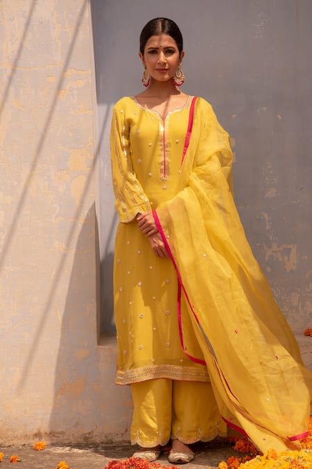 Apeksha Jain Label Yellow Georgette Hand Embroidered Gota Work Round Notched Floral Kurta Set