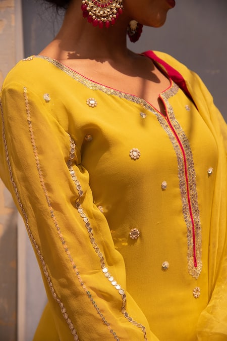 Shop_Apeksha Jain Label_Yellow Silk, Organza, Georgette Gota Work, Sequins Floral Embroidered Kurta Set_Online_at_Aza_Fashions