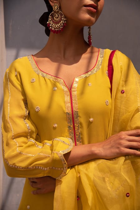 Apeksha Jain Label_Yellow Silk, Organza, Georgette Gota Work, Sequins Floral Embroidered Kurta Set_at_Aza_Fashions