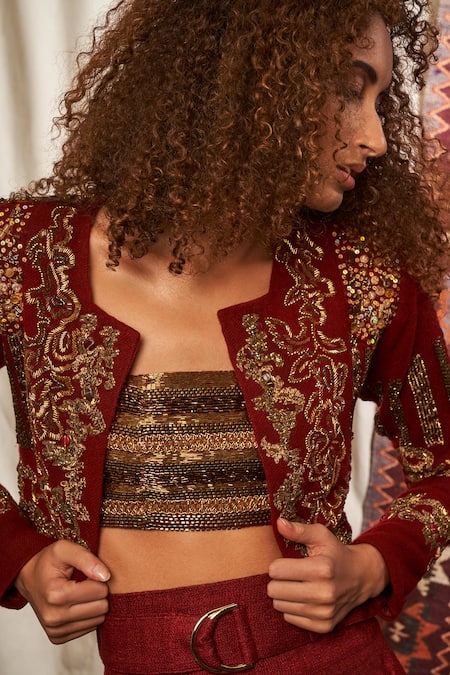 Nikita Mhaisalkar_Maroon Tussar , Crepe Embroidered Jacket Lehenga Set_Online_at_Aza_Fashions