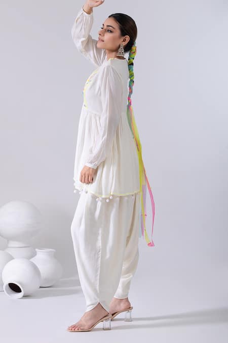Buy Kacha Tanka Ivory Cotton Pom-poms Round Neck Embroidered Yoke Kediya Kurta And Dhoti Pant Set Online at Aza Fashions Buy_Kacha Tanka_Ivory Cotton Pom-poms Round Neck Embroidered Yoke Kediya Kurta And Dhoti Pant Set _Online_at_Aza_Fashions