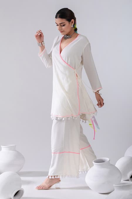 Kacha Tanka_Ivory Cotton, Voile Tassels, Embroidery V-neck Short Angrakha Kurta With Palazzo _Online_at_Aza_Fashions