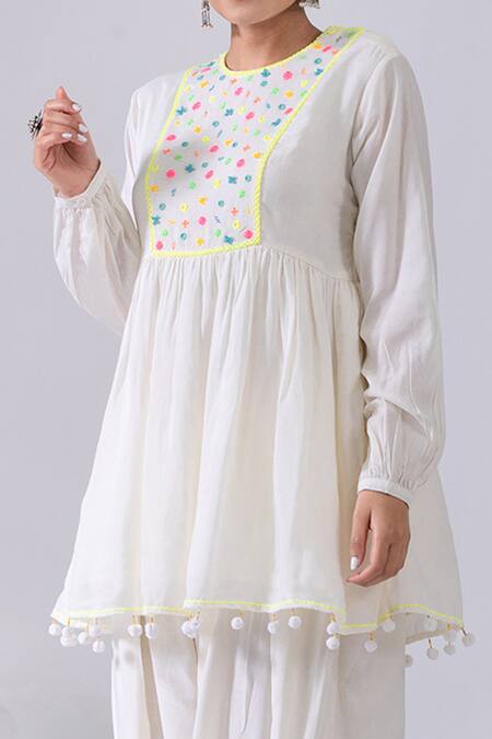 Kacha Tanka Ivory Cotton Pom-poms Round Neck Embroidered Yoke Kediya Kurta And Dhoti Pant Set Online at Aza Fashions Kacha Tanka_Ivory Cotton Pom-poms Round Neck Embroidered Yoke Kediya Kurta And Dhoti Pant Set _Online_at_Aza_Fashions