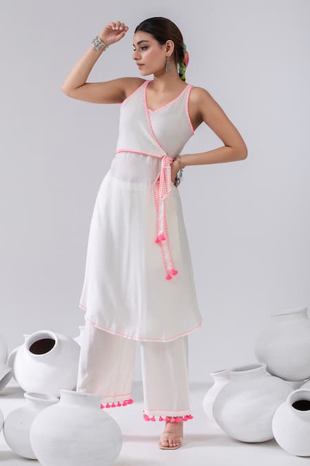 Buy Kacha Tanka Ivory Cotton, Voile Tassels V-neck Thread Embroidered Wrap Kurta And Palazzo Set Online at Aza Fashions Buy_Kacha Tanka_Ivory Cotton, Voile Tassels V-neck Thread Embroidered Wrap Kurta And Palazzo Set _Online_at_Aza_Fashions