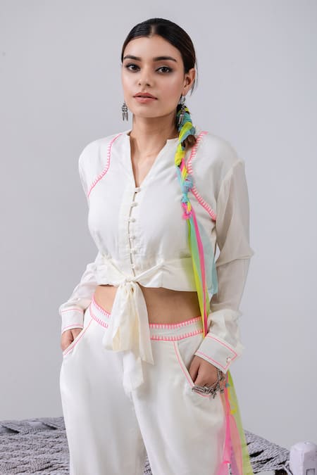 Buy Kacha Tanka Ivory Cotton Embroidery Open Neck Front Knotted Crop Top And Dhoti Pant Set Online at Aza Fashions Buy_Kacha Tanka_Ivory Cotton Embroidery Open Neck Front Knotted Crop Top And Dhoti Pant Set _Online_at_Aza_Fashions