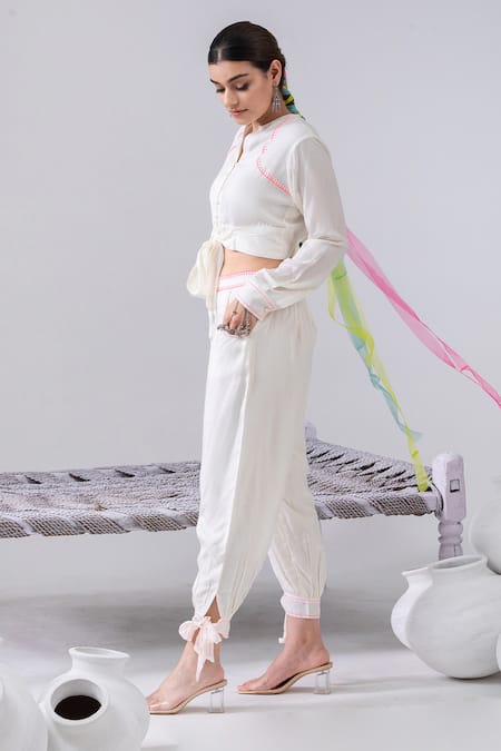 Kacha Tanka Ivory Cotton Embroidery Open Neck Front Knotted Crop Top And Dhoti Pant Set Online at Aza Fashions Kacha Tanka_Ivory Cotton Embroidery Open Neck Front Knotted Crop Top And Dhoti Pant Set _Online_at_Aza_Fashions