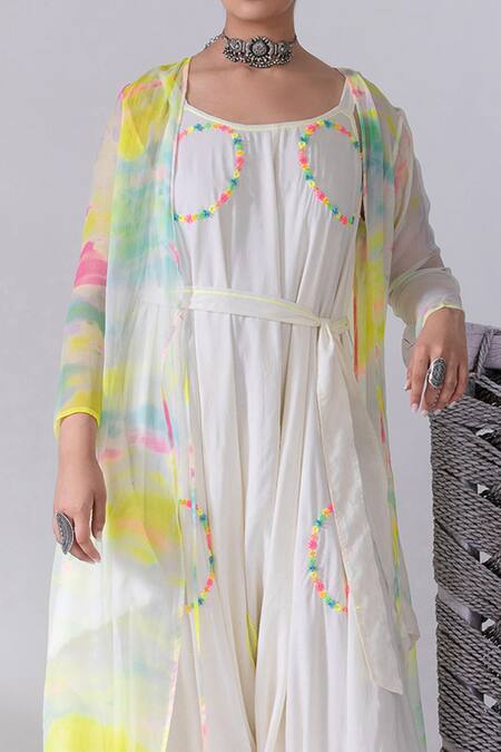 Buy_Kacha Tanka_Ivory Cotton Embroidery Round Neck Spiral Thread Jumpsuit With Tie And Dye Cape _Online_at_Aza_Fashions