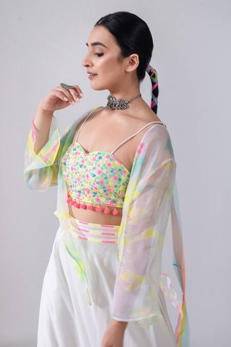 Buy Kacha Tanka Ivory Cotton Pom-poms Sweetheart Neck Tie And Dye Knotted Shrug & Skirt Set Online at Aza Fashions Buy_Kacha Tanka_Ivory Cotton Pom-poms Sweetheart Neck Tie And Dye Knotted Shrug & Skirt Set _Online_at_Aza_Fashions