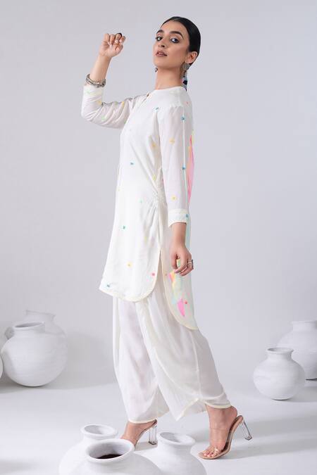 Kacha Tanka_Ivory Cotton Embroidery, Pom-poms Round Neck Thread Kurta And Dhoti Salwar Set _Online_at_Aza_Fashions