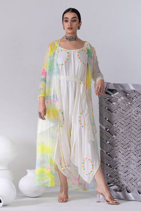 Kacha Tanka_Ivory Cotton Embroidery Round Neck Spiral Thread Jumpsuit With Tie And Dye Cape _Online_at_Aza_Fashions