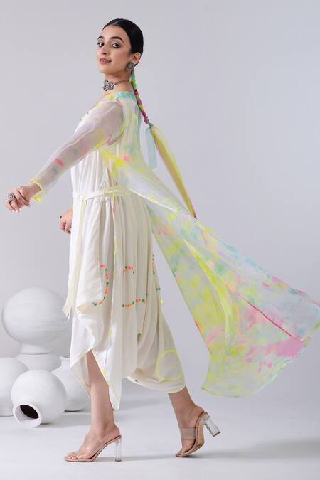 Shop_Kacha Tanka_Ivory Cotton Embroidery Round Neck Spiral Thread Jumpsuit With Tie And Dye Cape _Online_at_Aza_Fashions