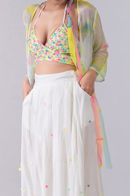 Kacha Tanka Ivory Cotton, Chiffon Pom-poms, Embroidery Plunge Thread Wrap Top Skirt Set Online at Aza Fashions Kacha Tanka_Ivory Cotton, Chiffon Pom-poms, Embroidery Plunge Thread Wrap Top Skirt Set _Online_at_Aza_Fashions