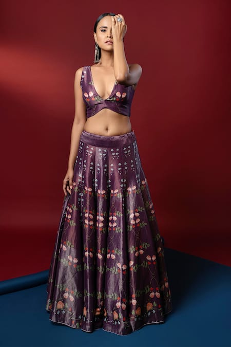 Nautanky_Purple Kasab Satin V Neck Ziba Crop Top And Lehenga Set _Online_at_Aza_Fashions