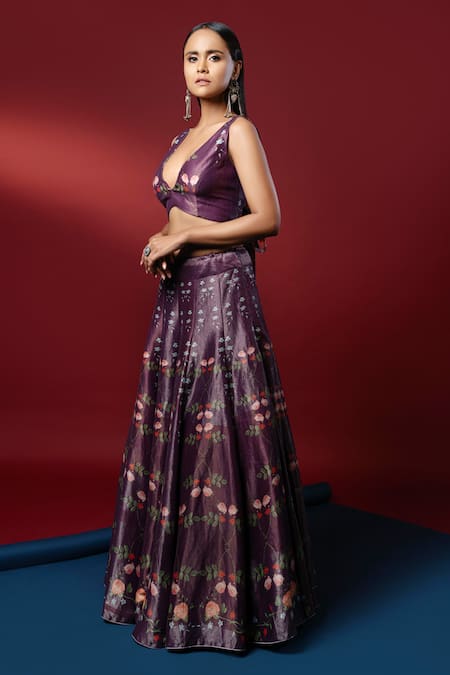 Buy_Nautanky_Purple Kasab Satin V Neck Ziba Crop Top And Lehenga Set _Online_at_Aza_Fashions
