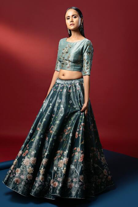 Buy_Nautanky_Green Kasab Satin Dupatta Organza Round Neirin Lehenga Set _Online_at_Aza_Fashions