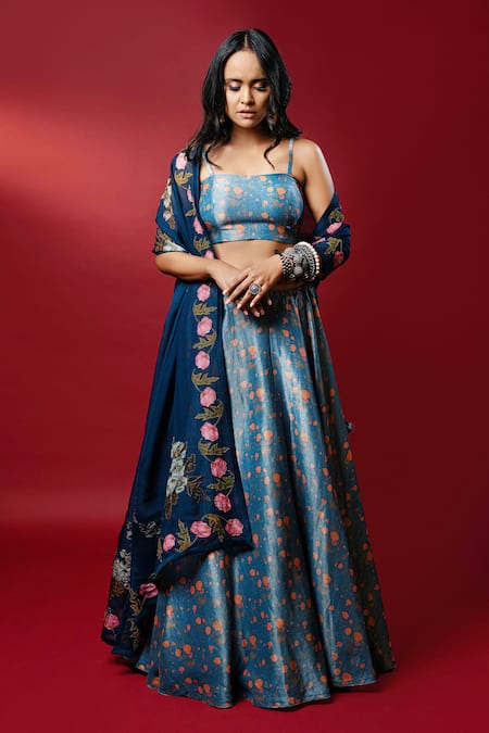 Nautanky Blue Kasab Satin Dupatta Organza Embroidery Square Neck Noor Lehenga Set 