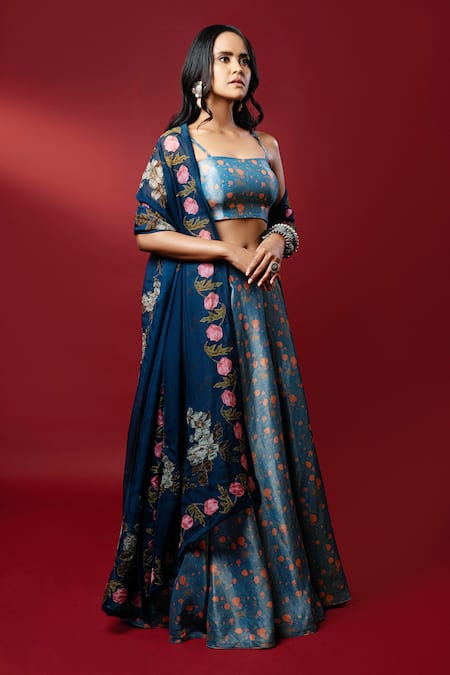 Nautanky_Blue Kasab Satin Dupatta Organza Square Neck Noor Lehenga Set _Online_at_Aza_Fashions