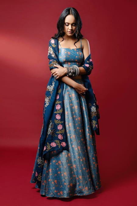 Buy_Nautanky_Blue Kasab Satin Dupatta Organza Square Neck Noor Lehenga Set _Online_at_Aza_Fashions