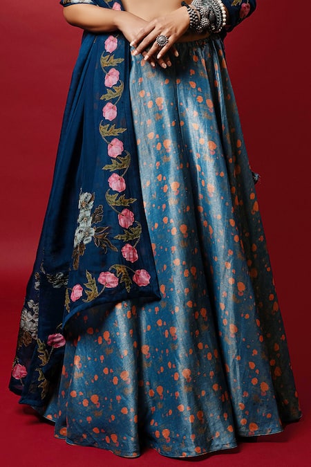 Shop_Nautanky_Blue Kasab Satin Dupatta Organza Square Neck Noor Lehenga Set _Online_at_Aza_Fashions