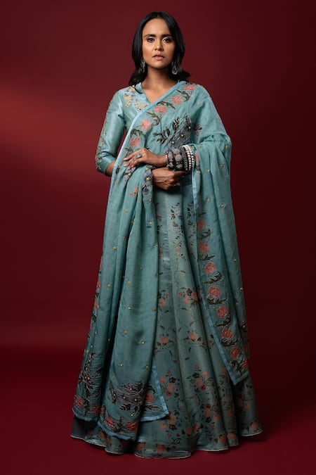 Nautanky Blue Kasab Satin Dupatta Organza Embroidery V Neck Inayat Lehenga Set 