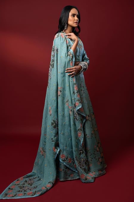Nautanky_Blue Kasab Satin Dupatta Organza V Neck Inayat Lehenga Set _Online_at_Aza_Fashions