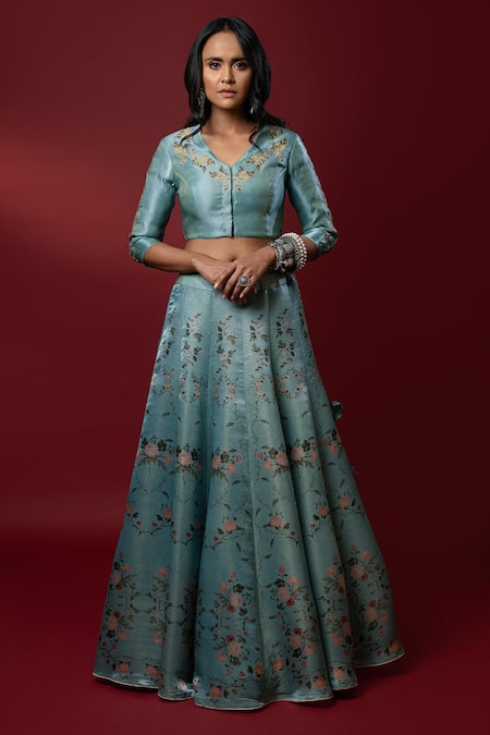 Buy_Nautanky_Blue Kasab Satin Dupatta Organza V Neck Inayat Lehenga Set _Online_at_Aza_Fashions