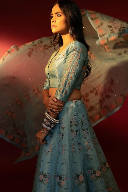 Shop_Nautanky_Blue Kasab Satin Dupatta Organza V Neck Inayat Lehenga Set _Online_at_Aza_Fashions