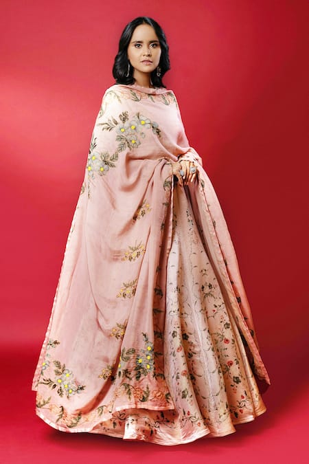 Nautanky_Pink Kasab Satin Dupatta Organza Round Noor Lehenga Set _Online_at_Aza_Fashions