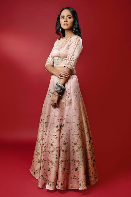 Buy_Nautanky_Pink Kasab Satin Dupatta Organza Round Noor Lehenga Set _Online_at_Aza_Fashions