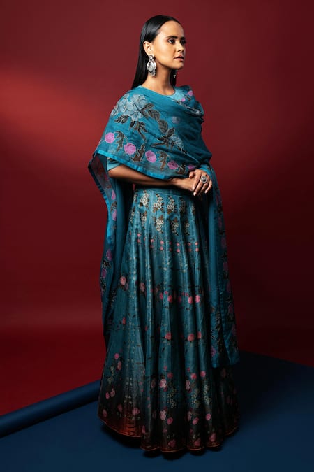 Nautanky_Blue Kasab Satin Dupatta Organza Round Ziba Lehenga Set _Online_at_Aza_Fashions