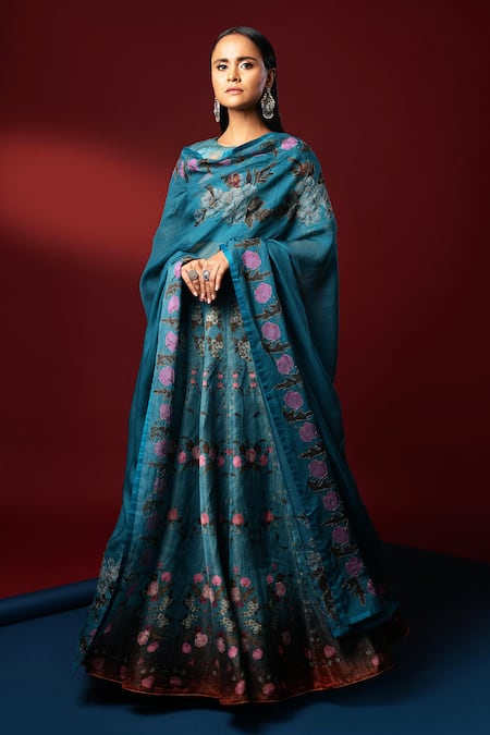 Buy_Nautanky_Blue Kasab Satin Dupatta Organza Round Ziba Lehenga Set _Online_at_Aza_Fashions
