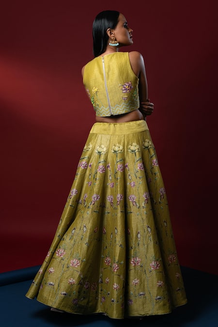 Nautanky_Green Kasab Satin Round Aita Crop Top And Lehenga Set _Online_at_Aza_Fashions