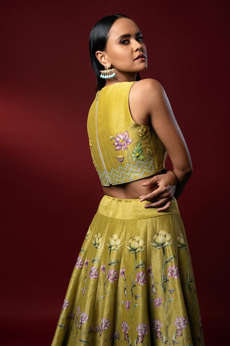 Buy_Nautanky_Green Kasab Satin Round Aita Crop Top And Lehenga Set _Online_at_Aza_Fashions