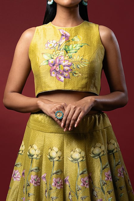 Nautanky_Green Kasab Satin Round Aita Crop Top And Lehenga Set _at_Aza_Fashions
