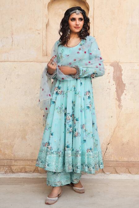 Buy_Gulabo Jaipur_Blue Cotton, Organza Floral U Neck Gul Print Anarkali Set_Online_at_Aza_Fashions