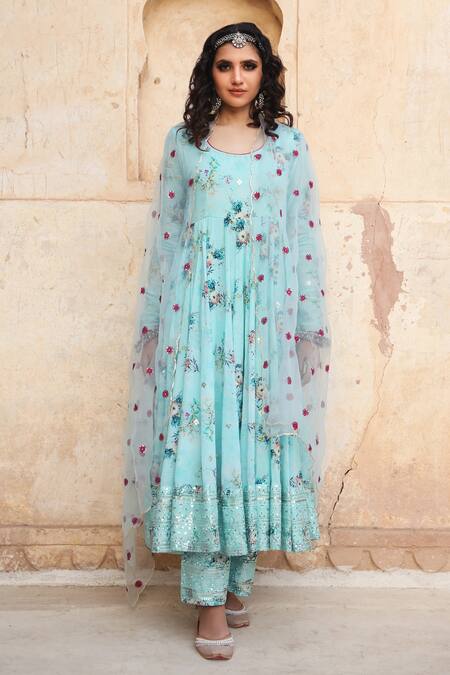 Shop_Gulabo Jaipur_Blue Cotton, Organza Floral U Neck Gul Print Anarkali Set_Online_at_Aza_Fashions