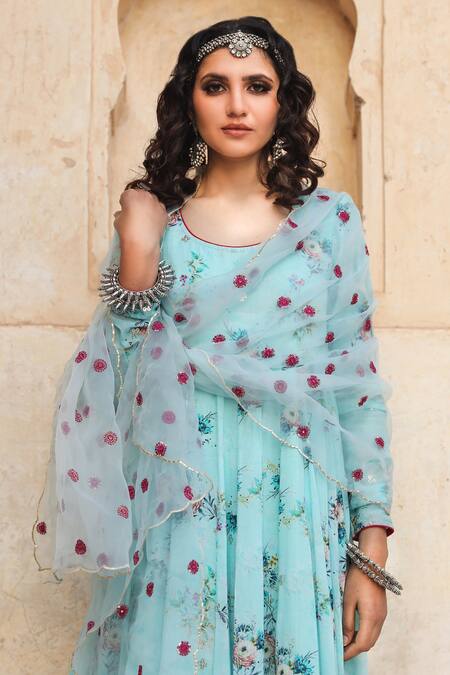 Gulabo Jaipur_Blue Cotton, Organza Floral U Neck Gul Print Anarkali Set_at_Aza_Fashions