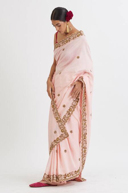 Peeli Dori_Pink Chanderi Embroidered Saree With Blouse _Online_at_Aza_Fashions