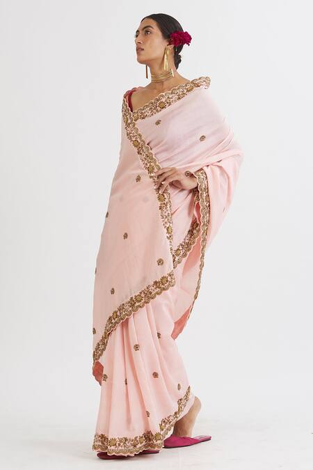 Buy_Peeli Dori_Pink Chanderi Embroidered Saree With Blouse _Online_at_Aza_Fashions