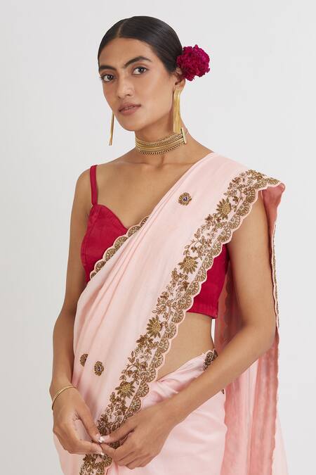 Peeli Dori_Pink Chanderi Embroidered Saree With Blouse _at_Aza_Fashions