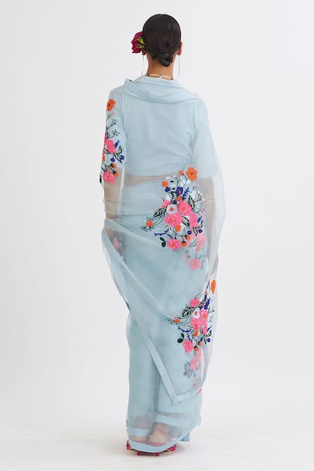 Shop_Peeli Dori_Blue Silk Organza Embroidery V Neck Saree With Blouse _at_Aza_Fashions