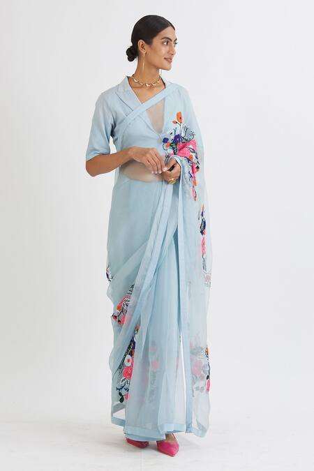 Buy_Peeli Dori_Blue Silk Organza Embroidery V Neck Saree With Blouse _Online_at_Aza_Fashions