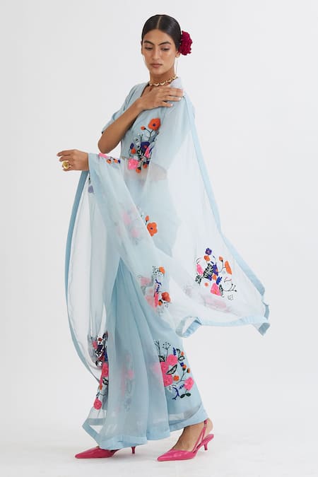 Shop_Peeli Dori_Blue Silk Organza Embroidery V Neck Saree With Blouse _Online_at_Aza_Fashions