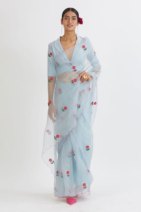 Peeli Dori Blue Silk Organza Embroidery V Neck Saree With Blouse